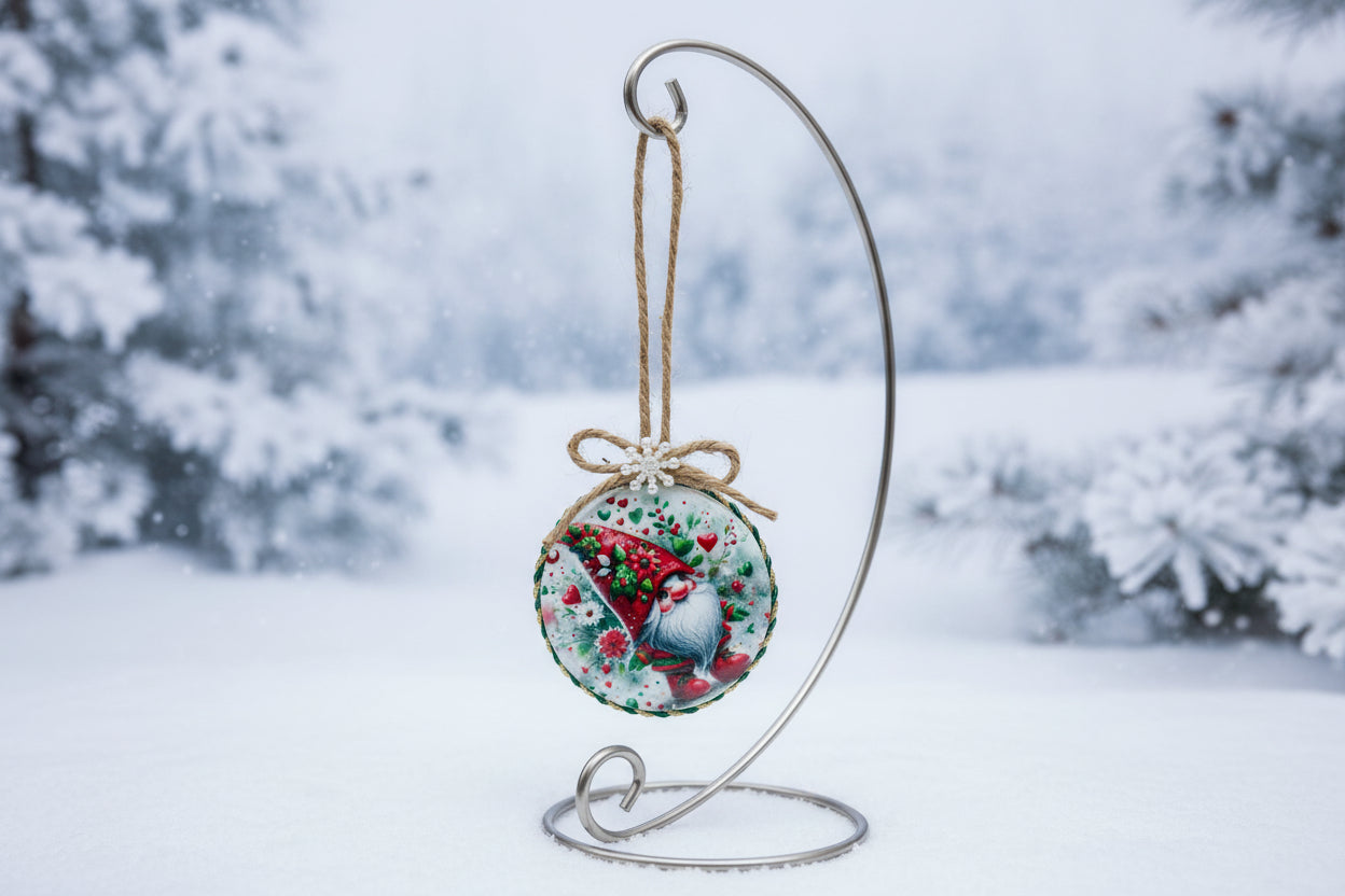 Decorative ornament with a bird and gnome design on a white background