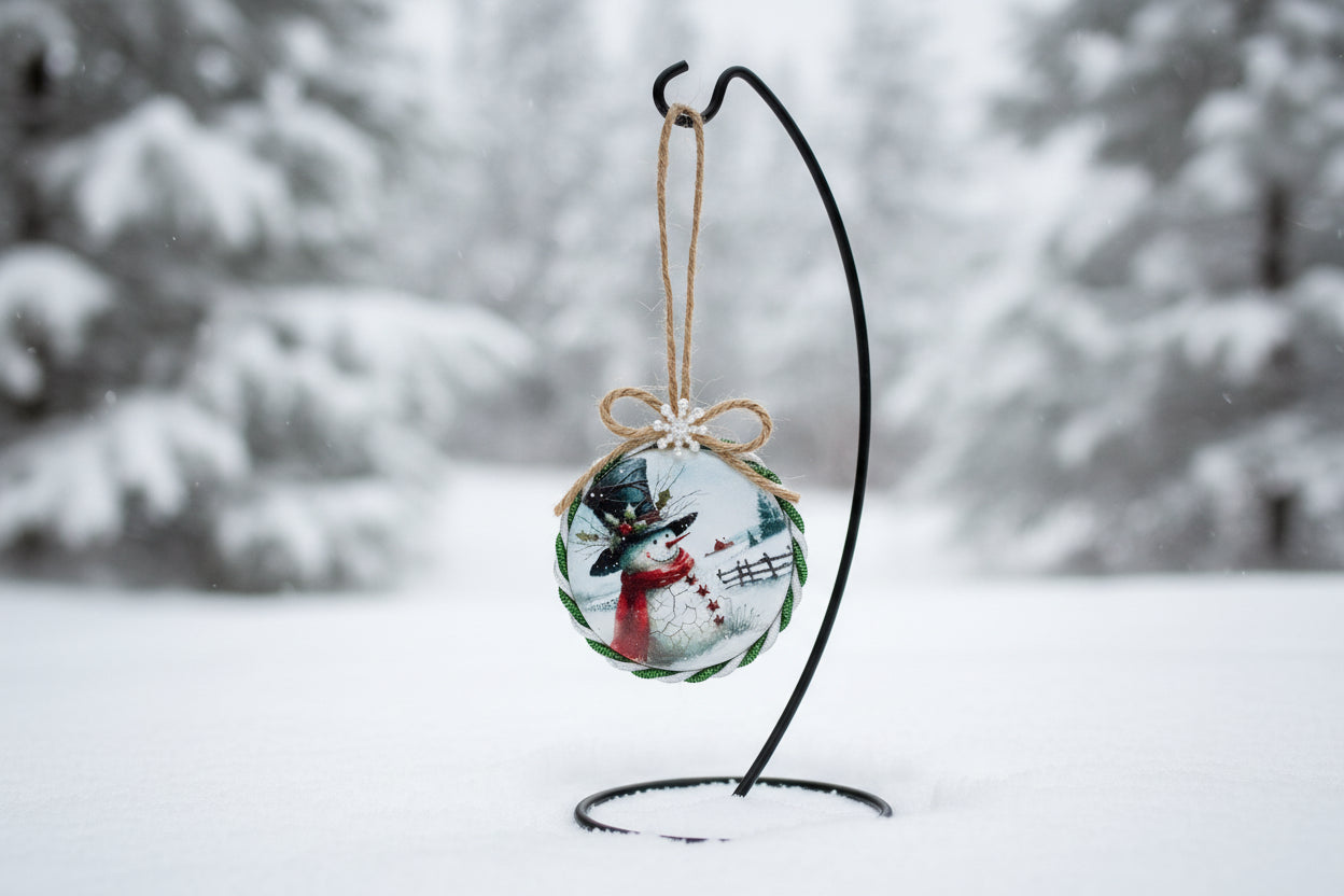 Decorative Christmas ornament with a snowman design on a plain background