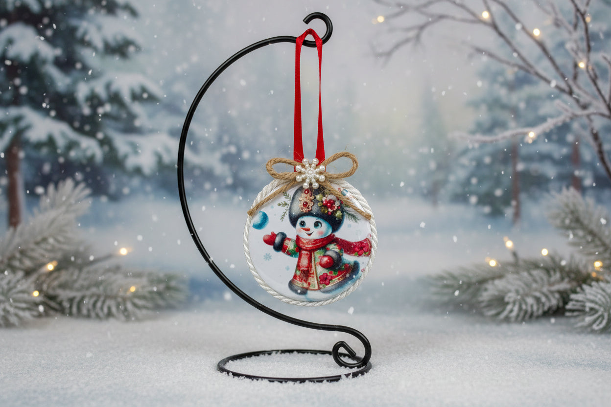 Decorative Christmas ornament with a snowman design on a white background