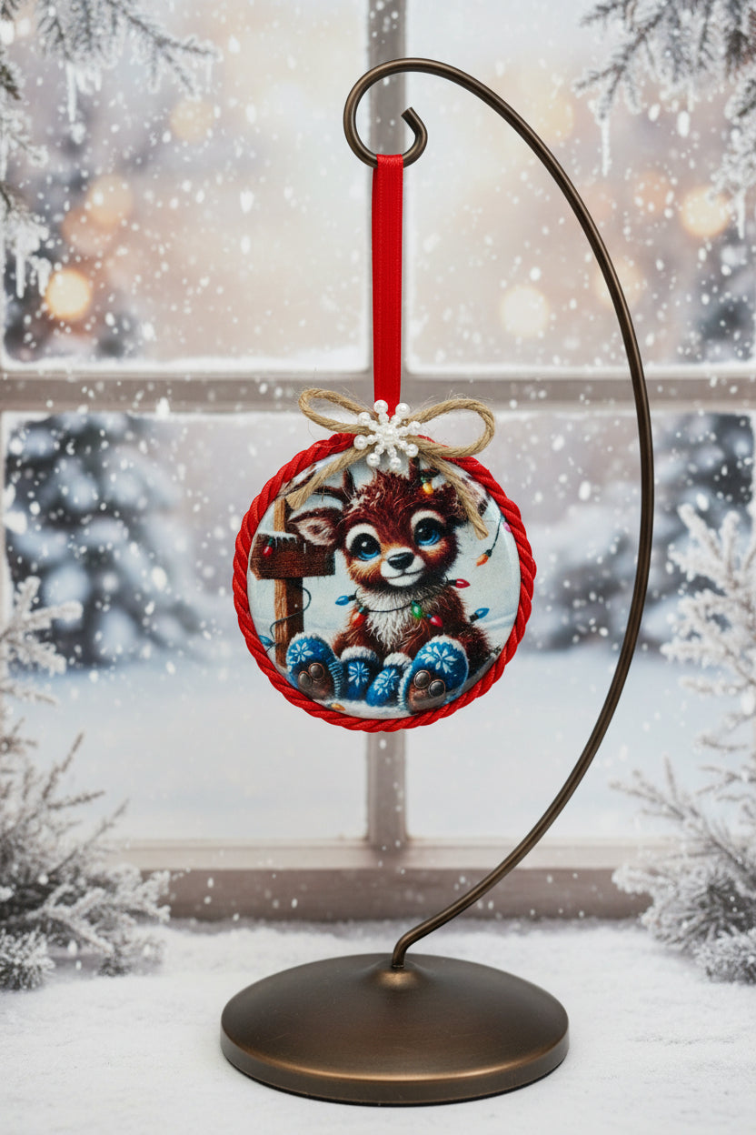 Decorative hanging ornament with a cartoon deer design on a plain background