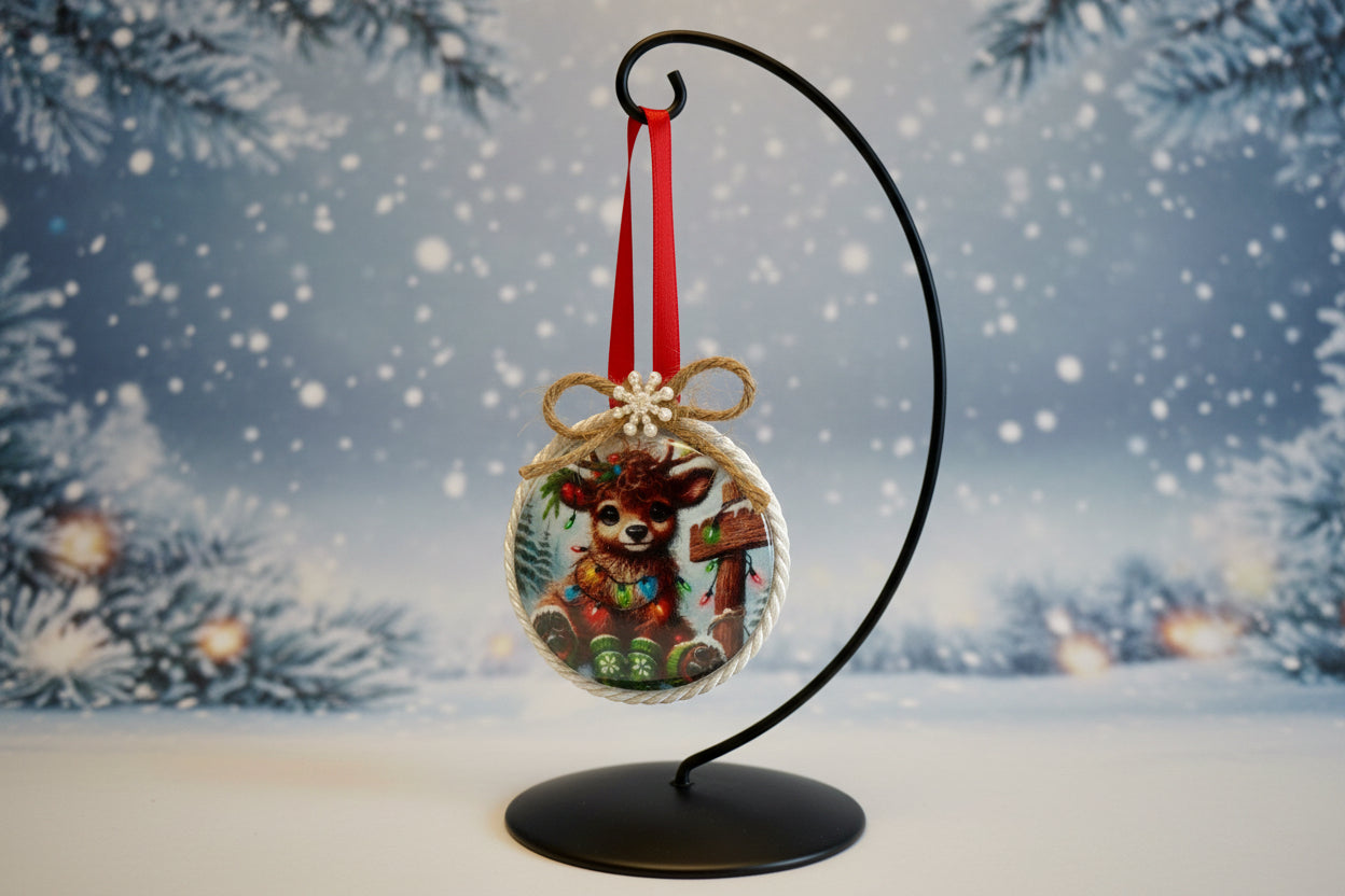 Decorative Christmas ornament with a reindeer wrapped in Christmas lights on a plain background