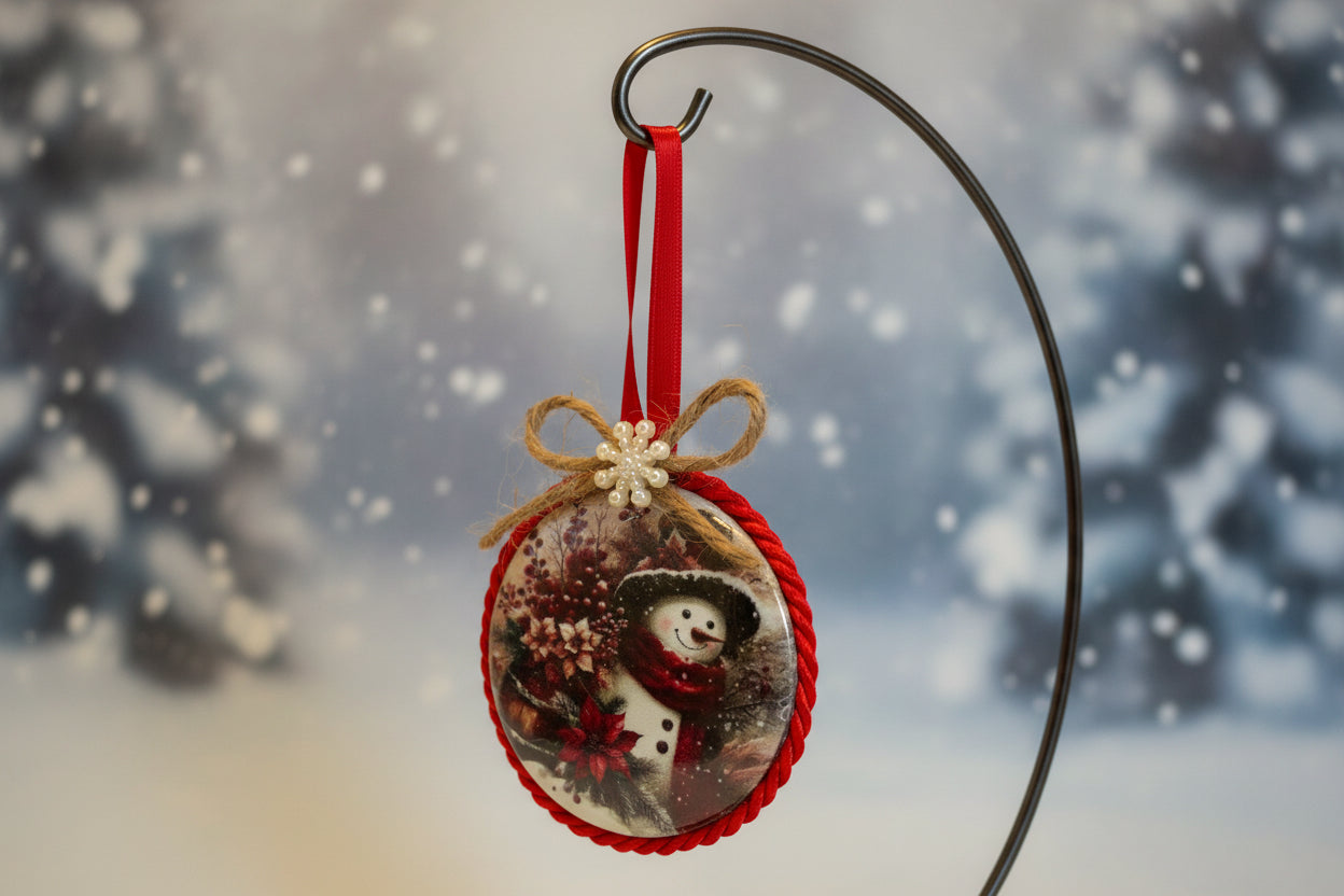 Decorative Christmas ornament with a snowman design on a Holiday background