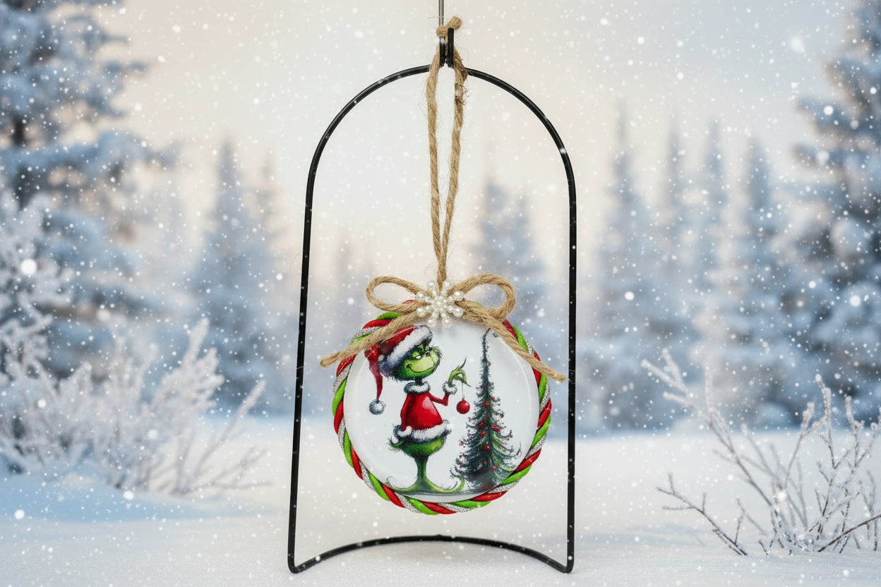 Christmas ornament with Grinch design on a white background