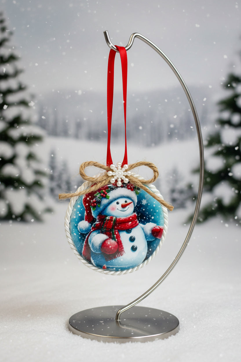 Round Christmas ornament with a snowman design, tied with a ribbon on a plain background
