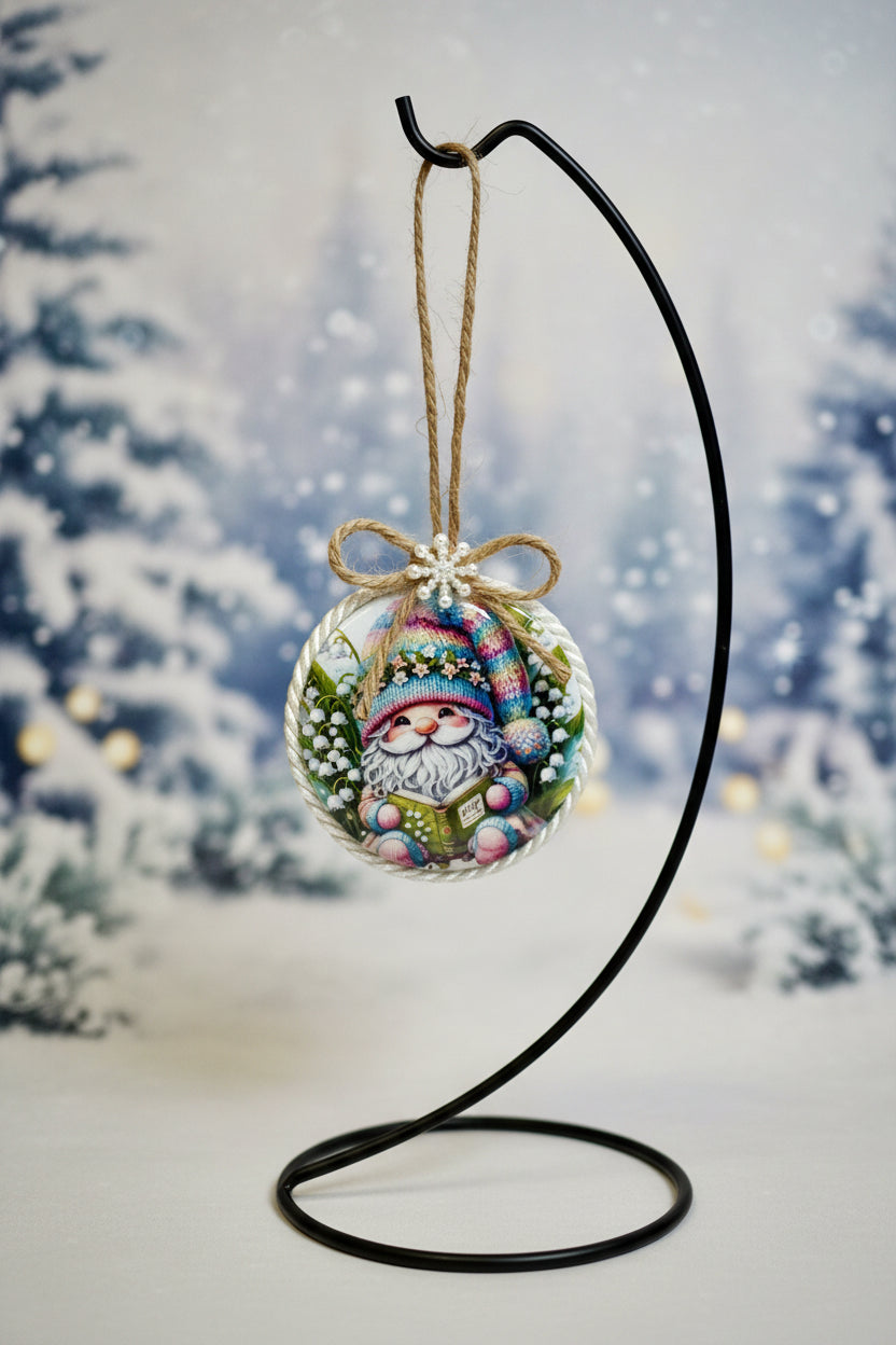 Decorative ornament with a gnome design on a plain background