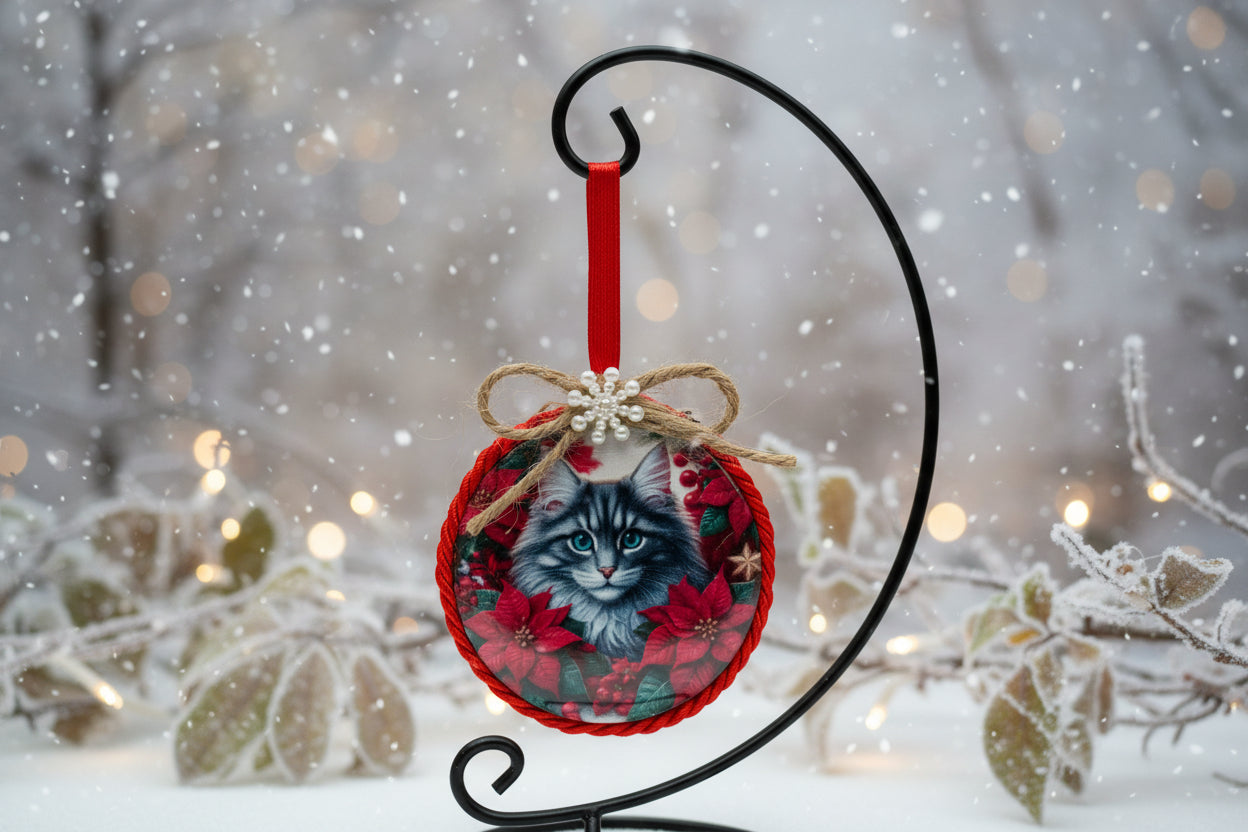 Decorative ornament with a cat design on a plain background