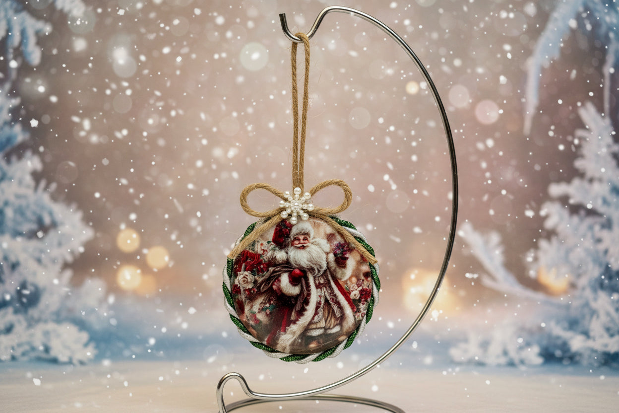 Decorative Christmas ornament with a Santa Claus design on a plain background