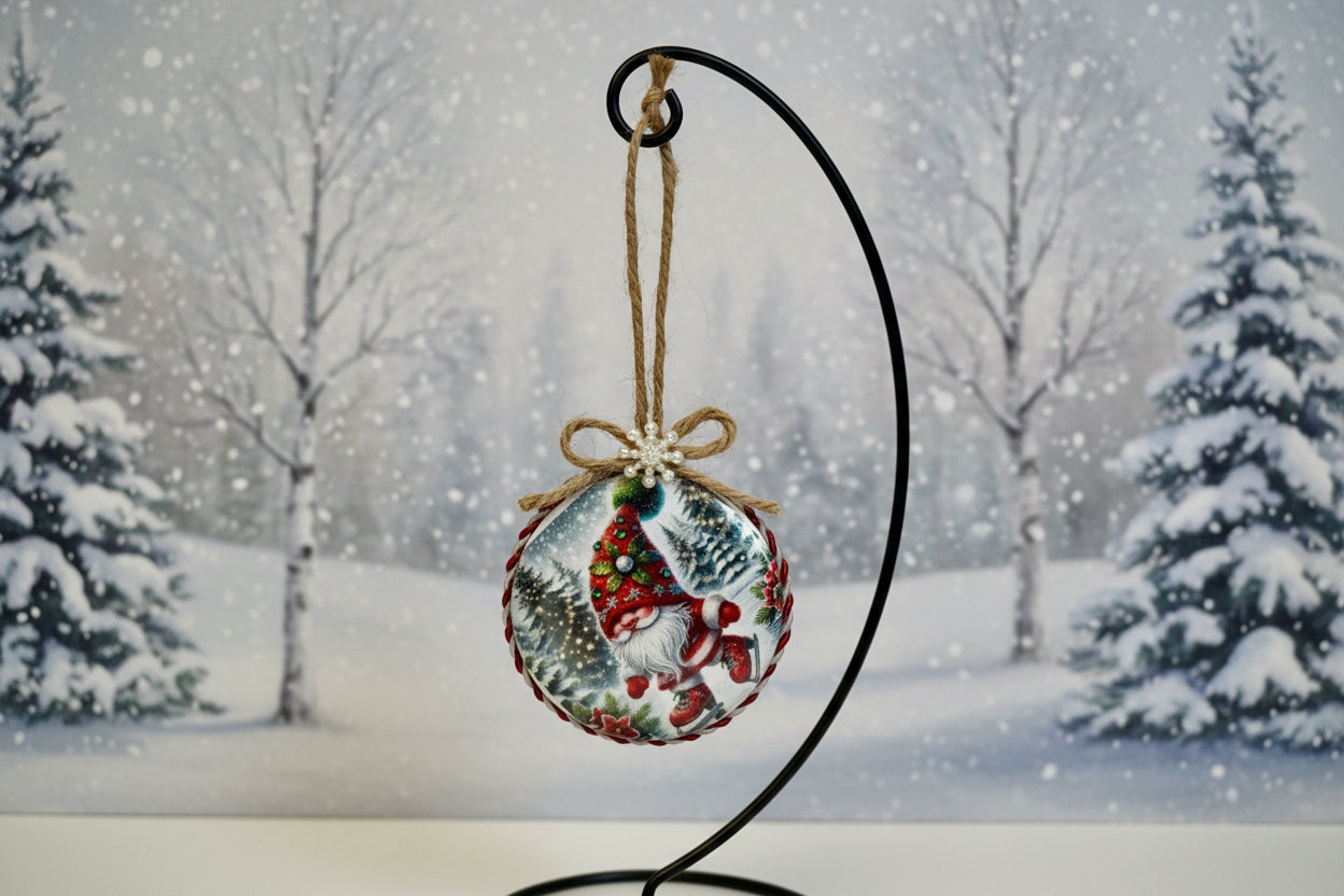 Decorative Christmas ornament with a gnome Ice Skating on a beige background