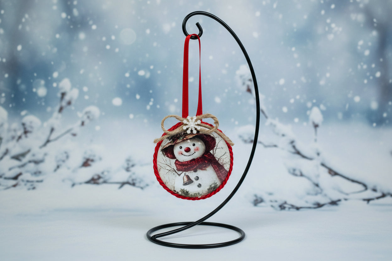 Decorative Christmas ornament with a snowman design on a white background