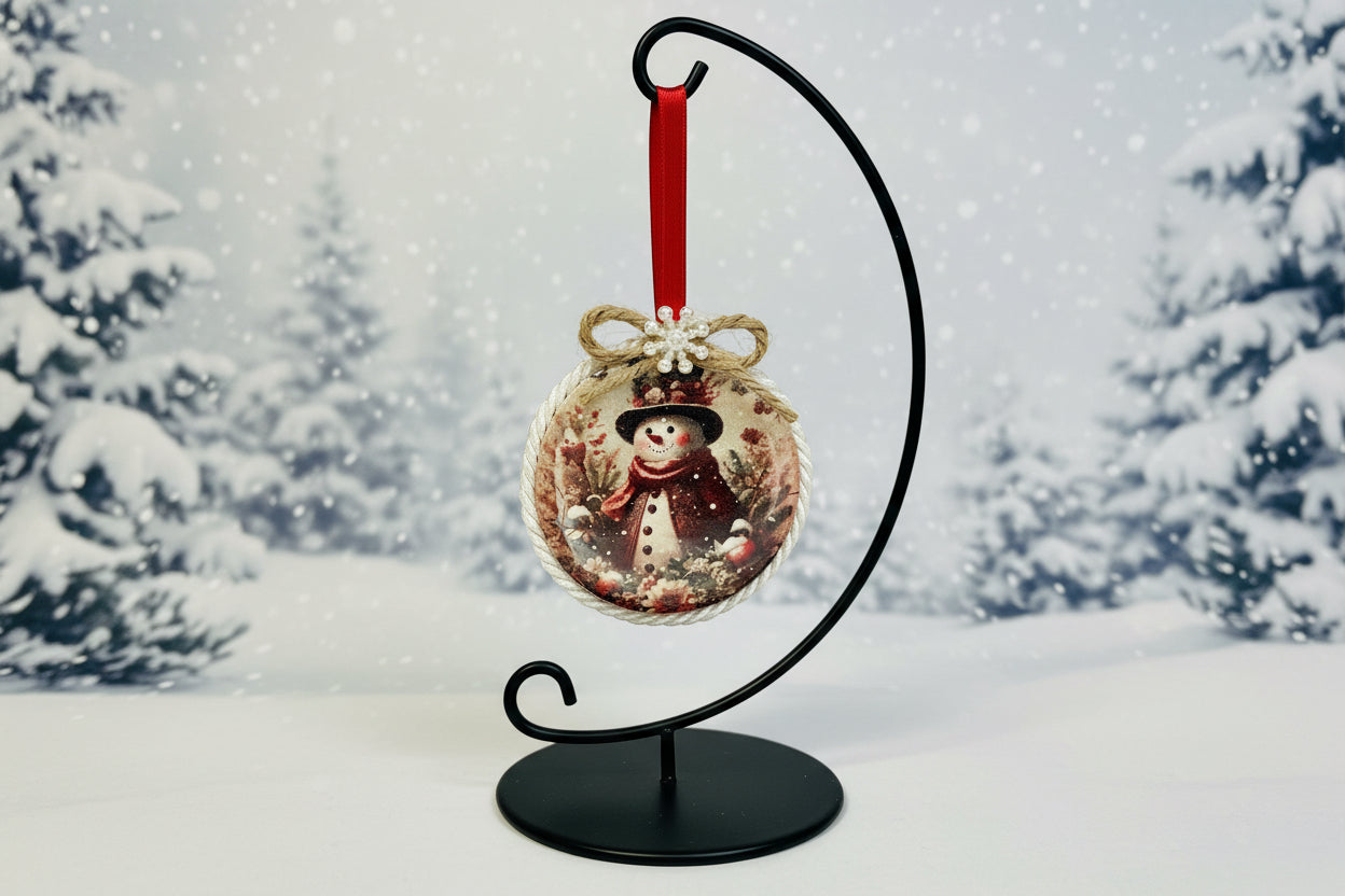 Decorative ornament with a snowman design on a beige background
