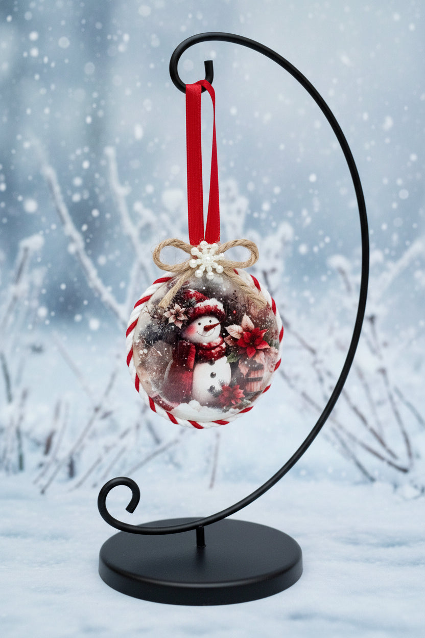 Christmas ornament with a snowman design on a white background