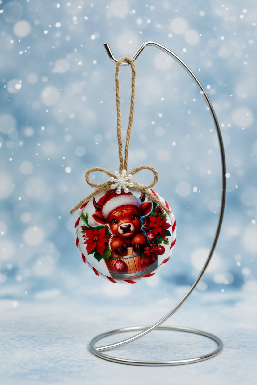 Christmas ornament with a Highland cow design on a white background