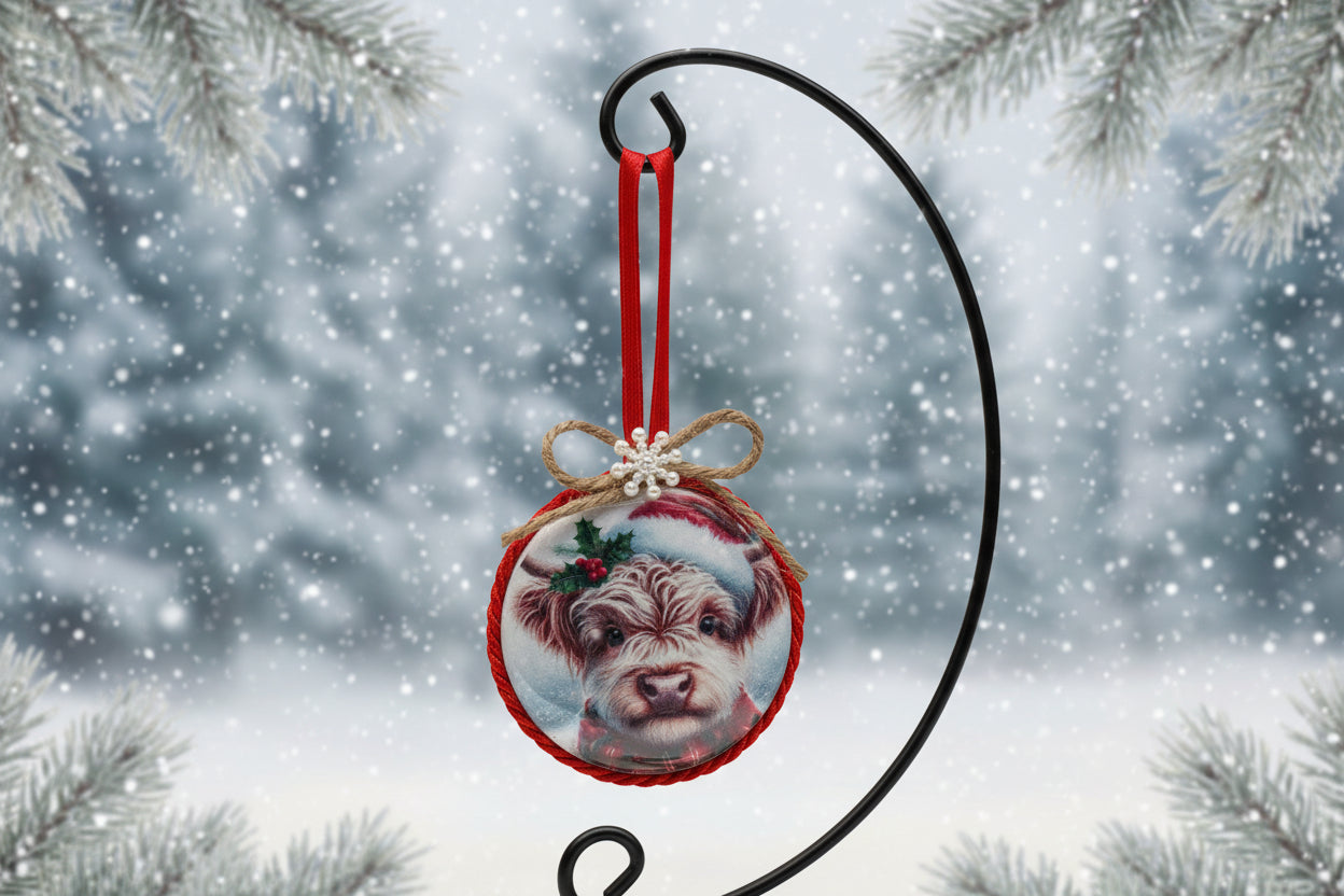 Decorative ornament with a Highland Cow's face on a white background