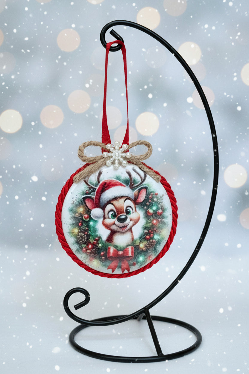 Christmas ornament with a reindeer design on a white background