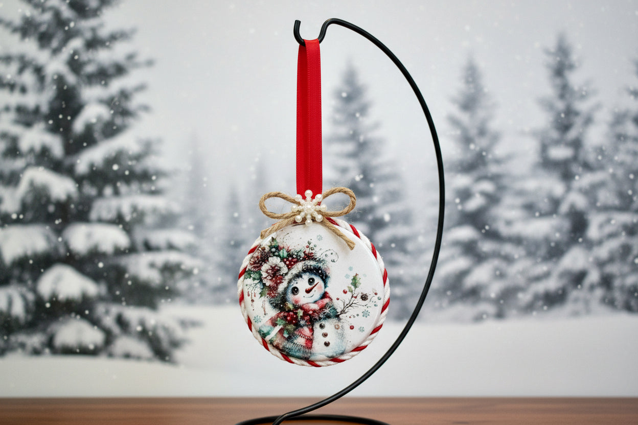 Round Christmas ornament with a snowman design on a white background