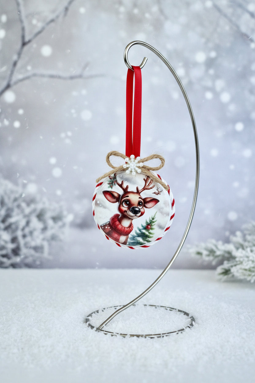 Christmas ornament with a reindeer design on a white background