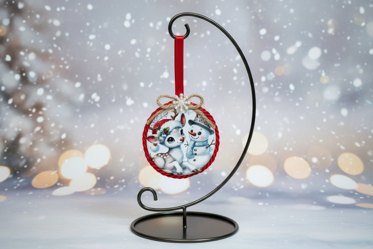 Decorative Christmas ornament with a reindeer and snowman on a red ribbon against a white background