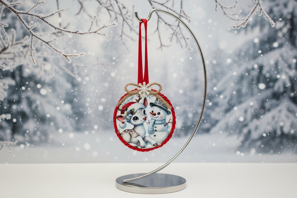 Decorative Christmas ornament with a reindeer and snowman on a red ribbon against a white background