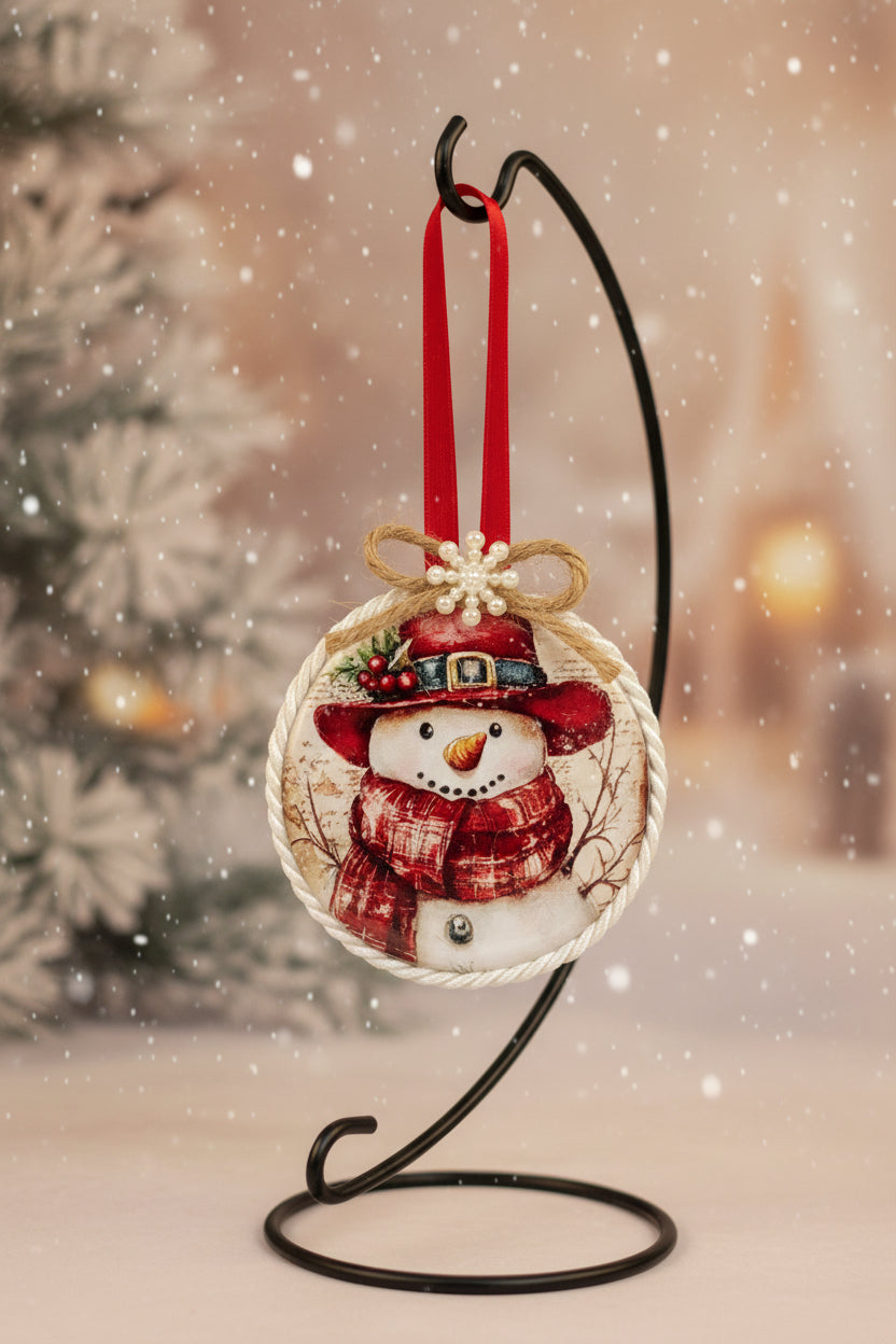 Decorative snowman ornament with a red hat and scarf on a white background