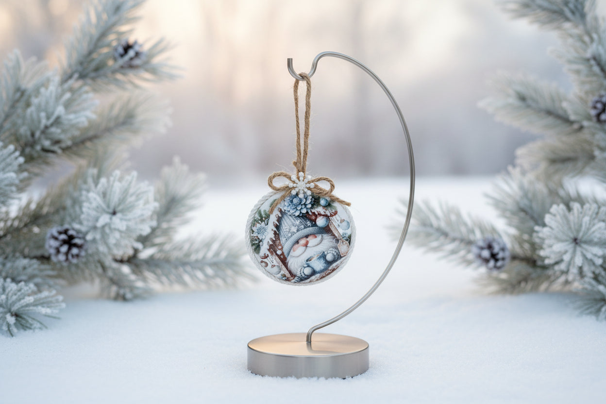 adorable winter Gnome sipping cocoa with a dreamy blue snowy backgroun
