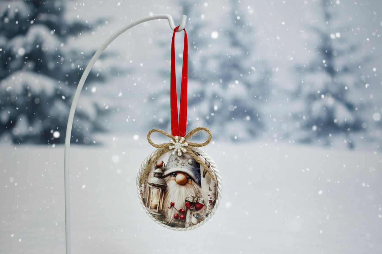 Decorative ornament with a gnome design on a plain background