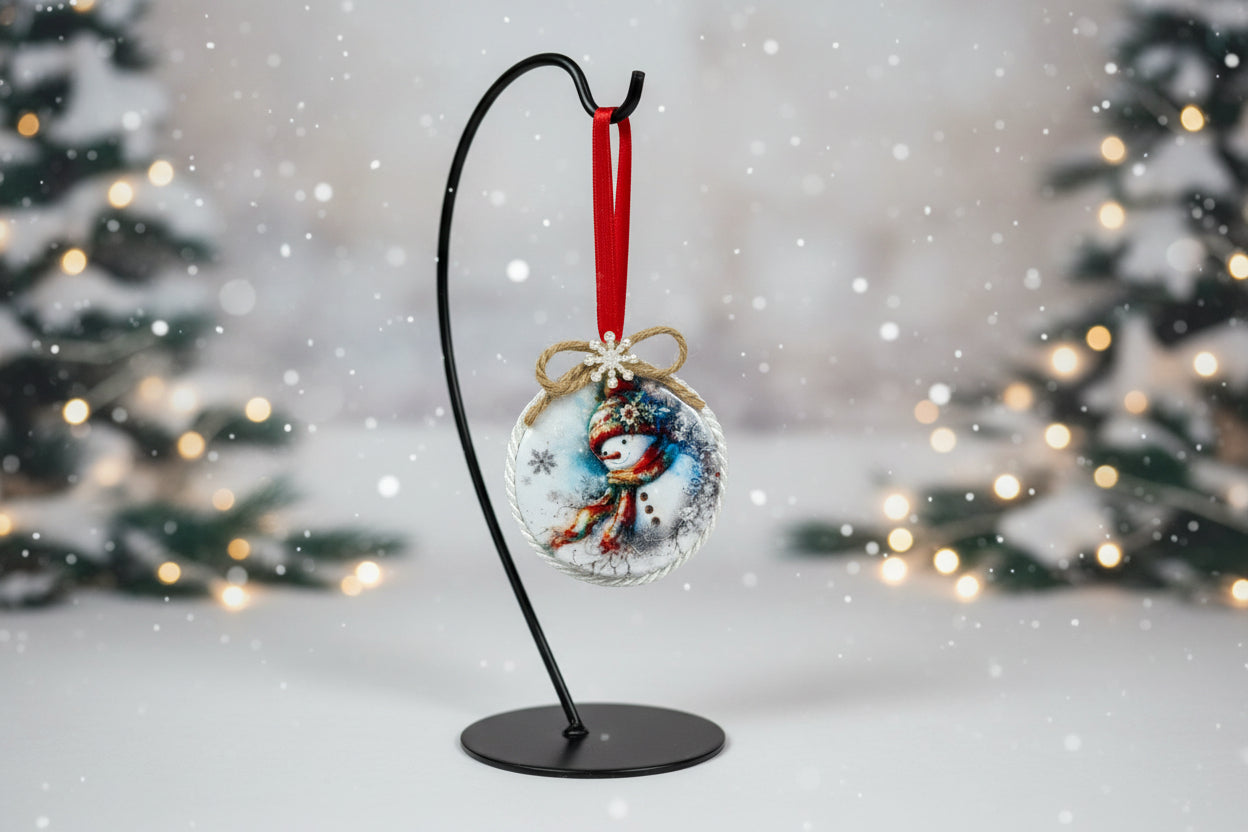 Decorative Christmas ornament with a snowman design on a white background