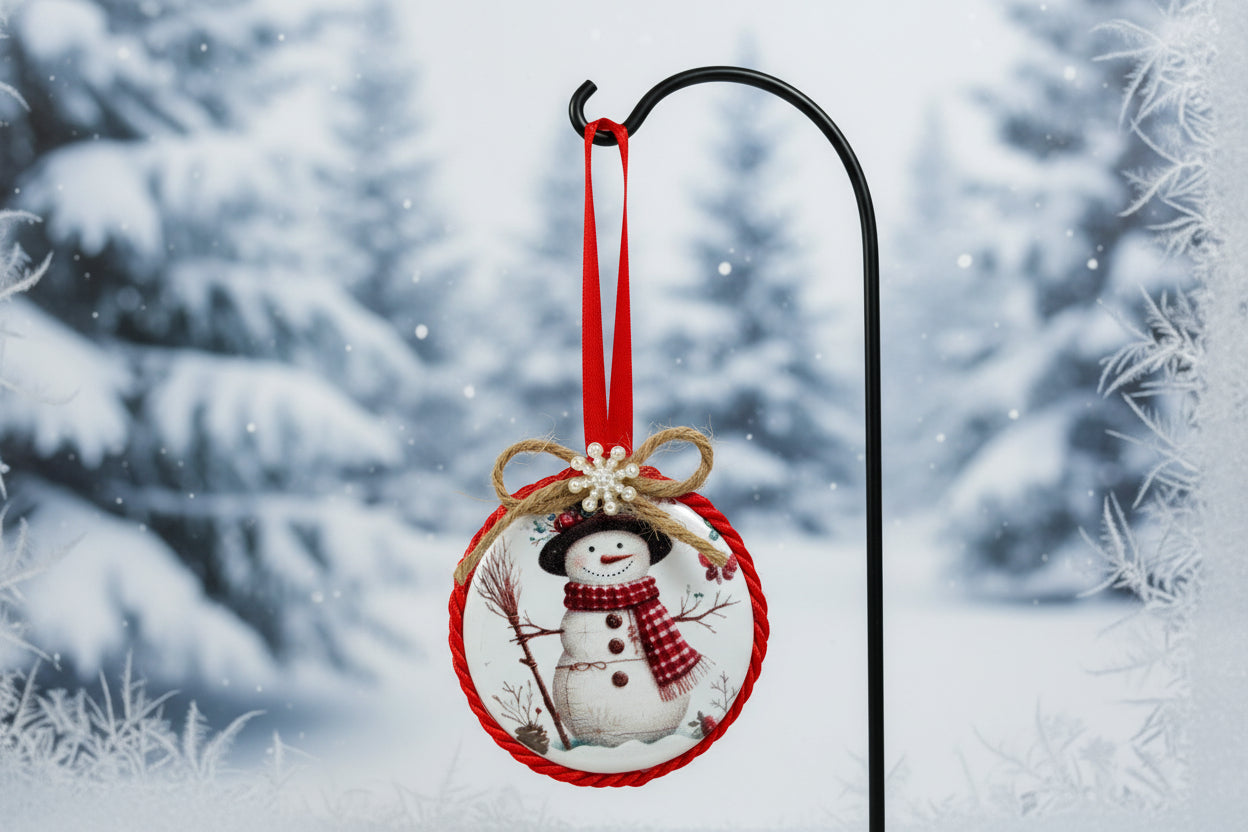 Decorative Christmas ornament with a snowman design on a plain background