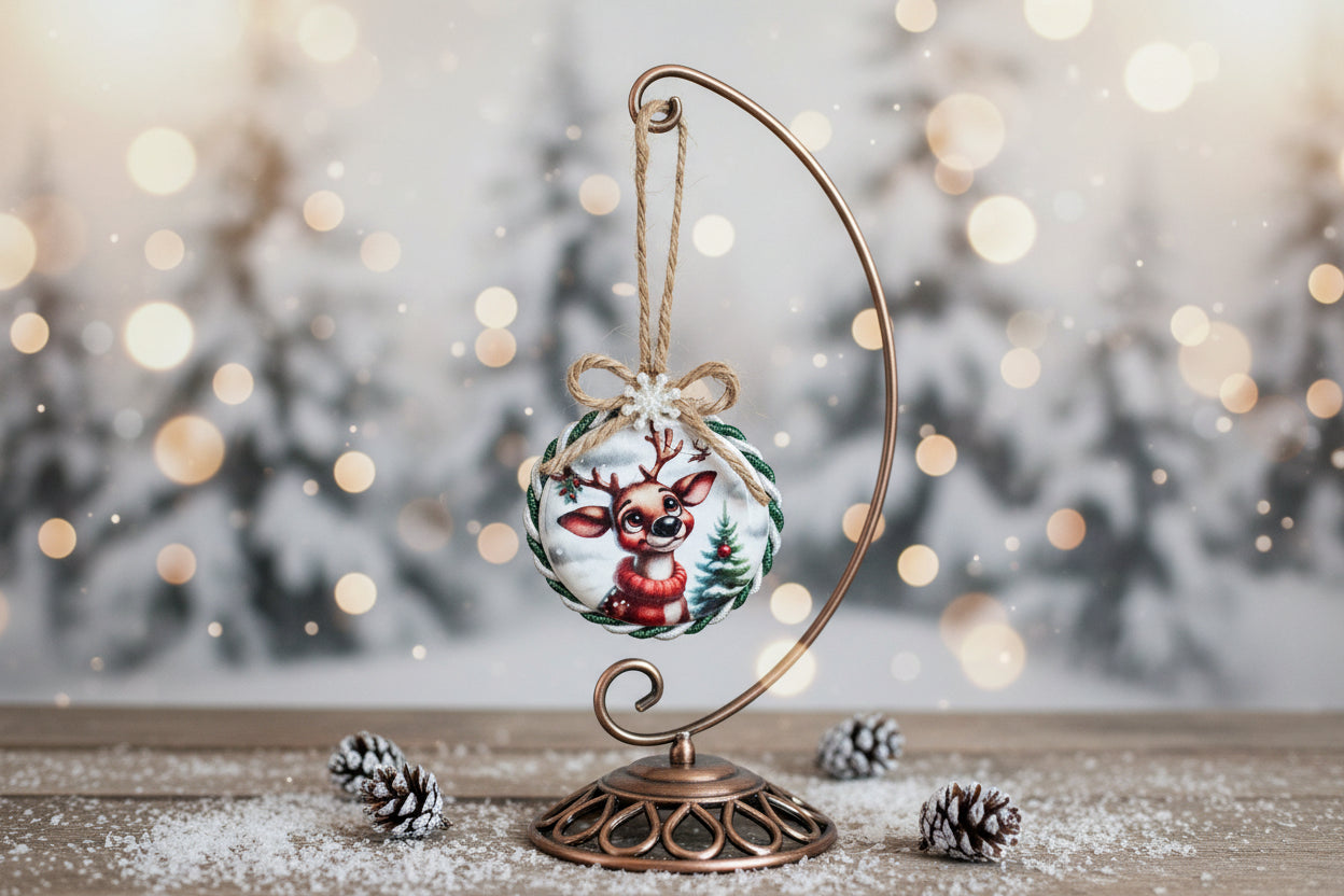 Christmas ornament with a reindeer design with a winter background
