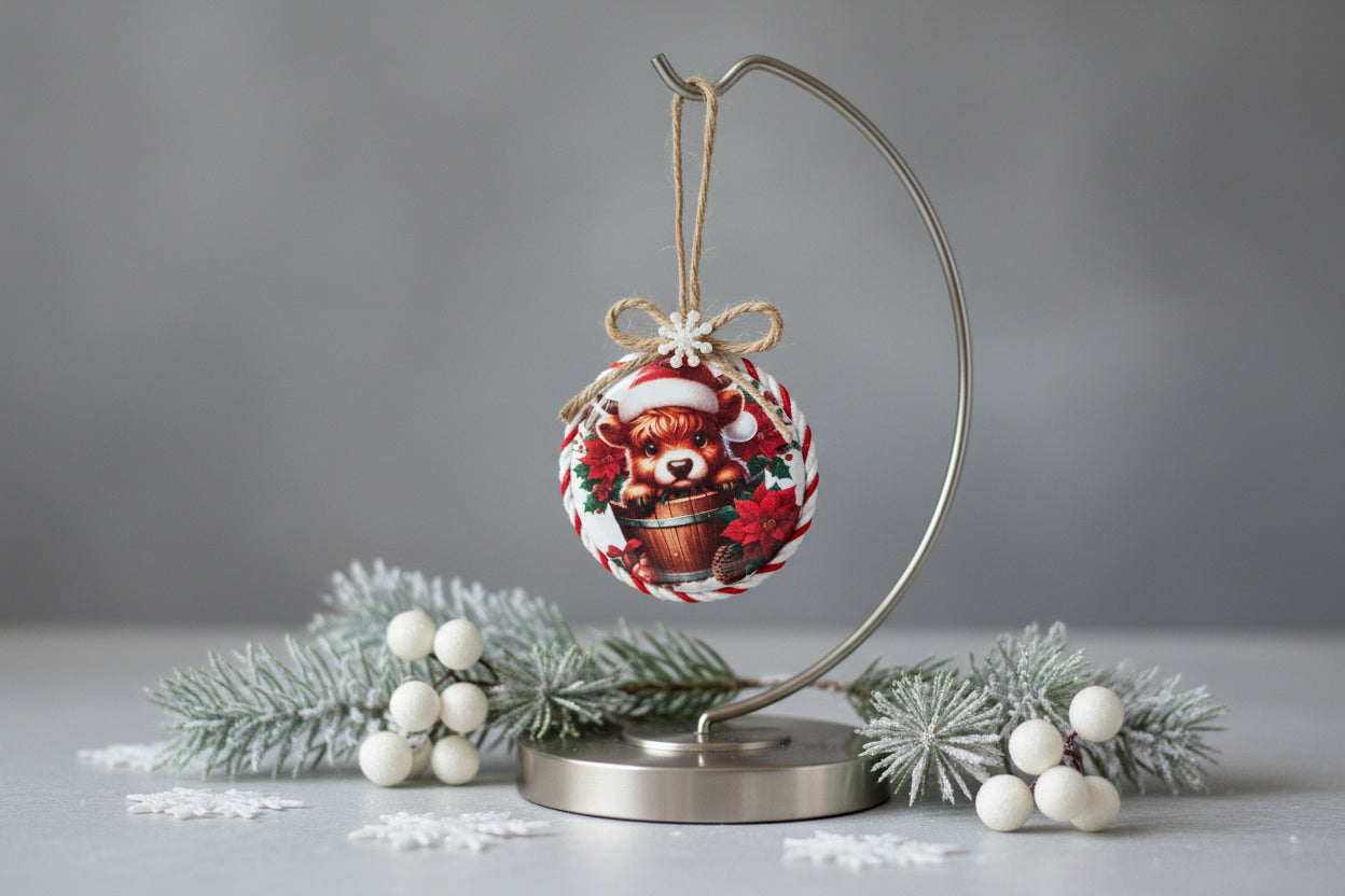 Christmas ornament with a cow in a Santa hat and barrel design, hanging on a white background.