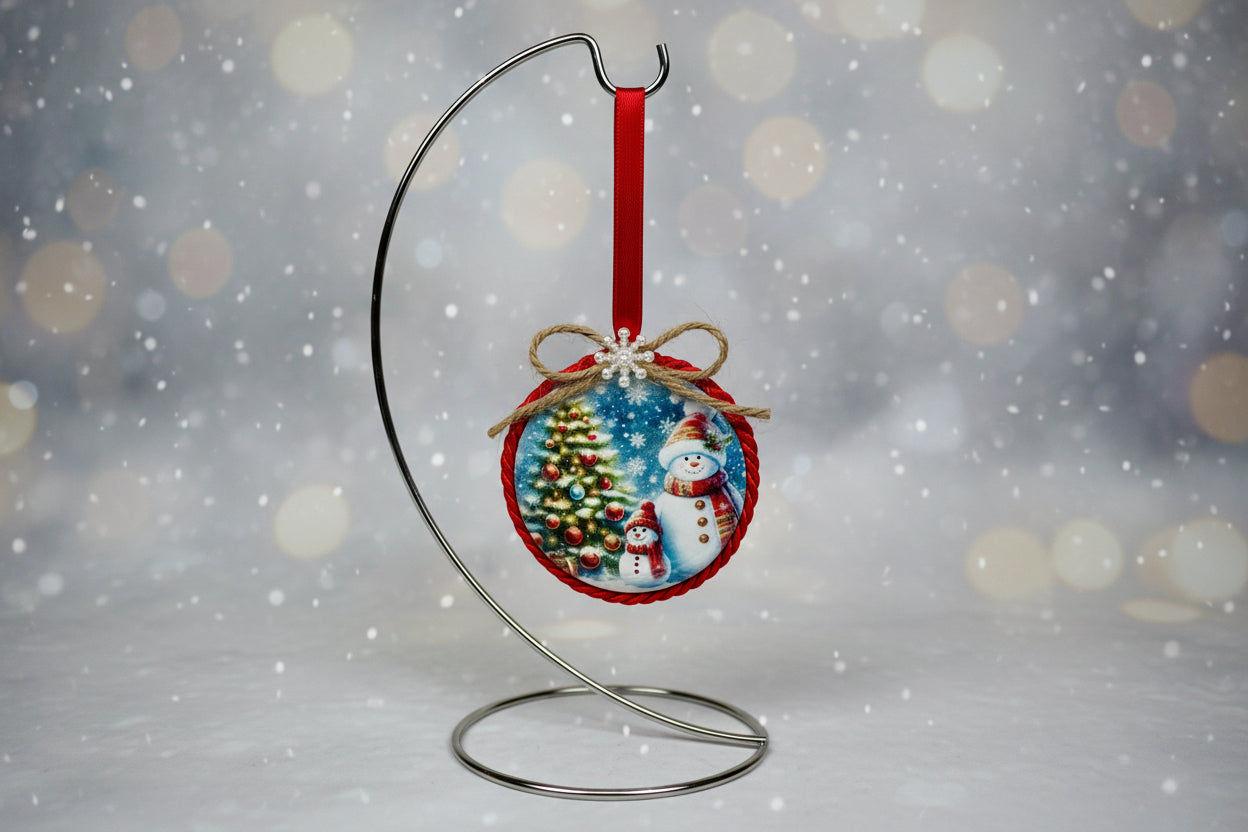Decorative Christmas ornament with a snowman and tree design on a red background.