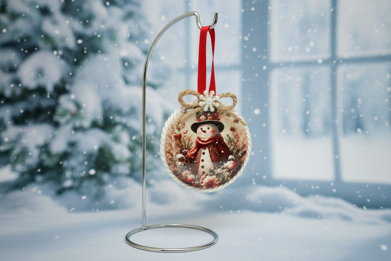 Decorative ornament with a snowman design on a beige background