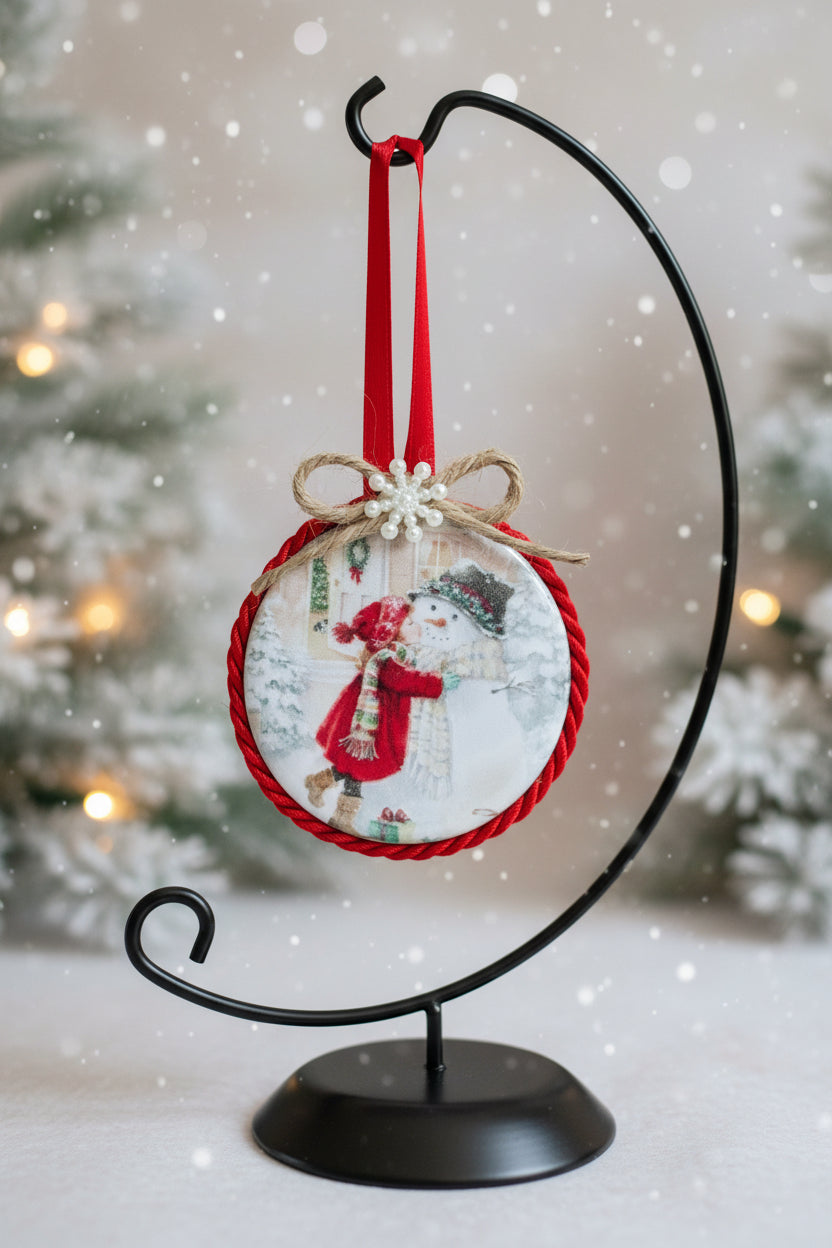 Decorative Christmas ornament with a girl kissing a snowman on a white background