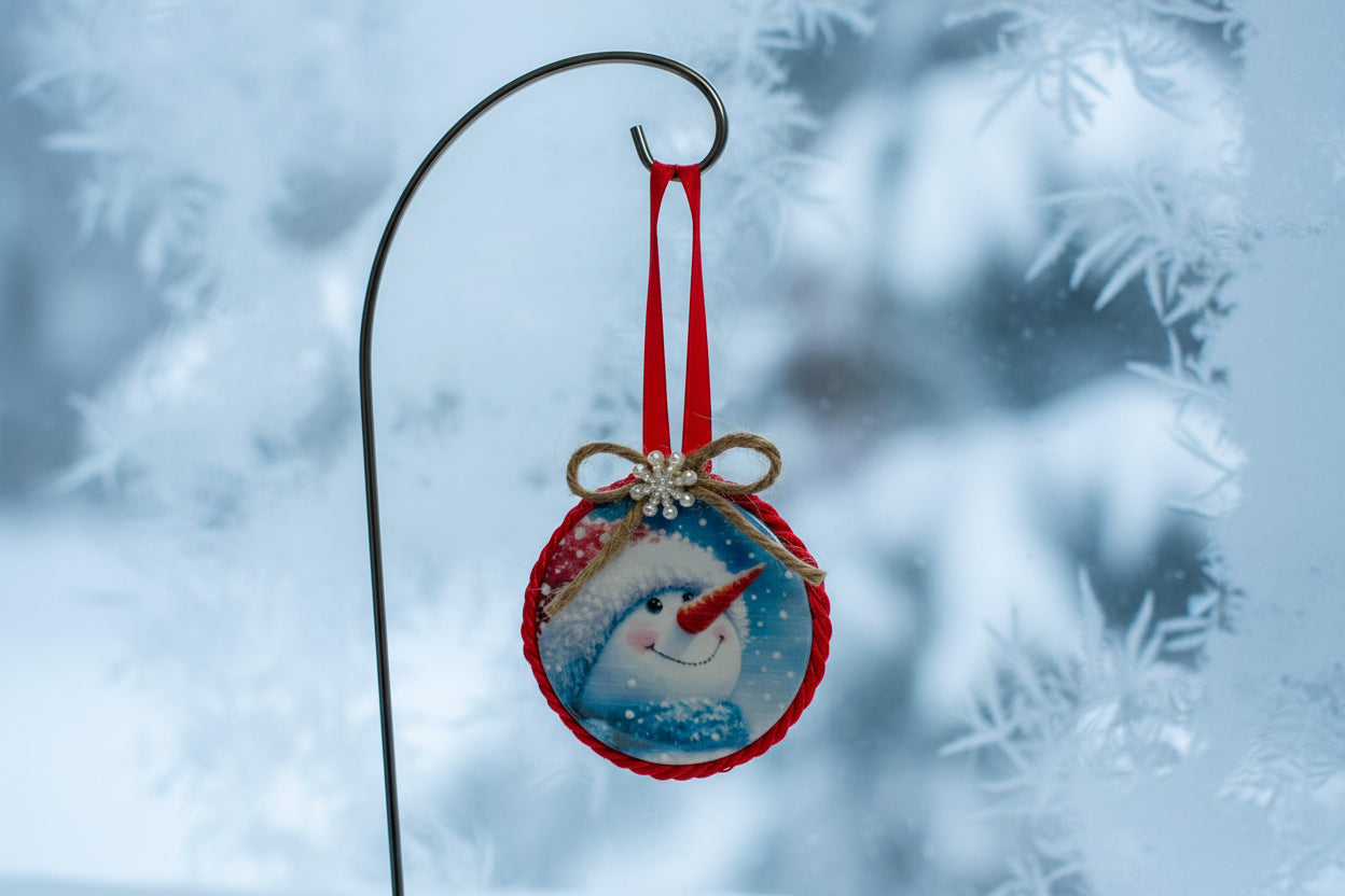 Decorative Christmas ornament with a snowman design on a plain background