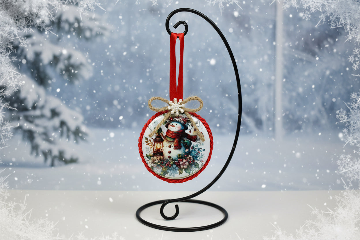 Decorative Christmas ornament with a snowman design on a white background