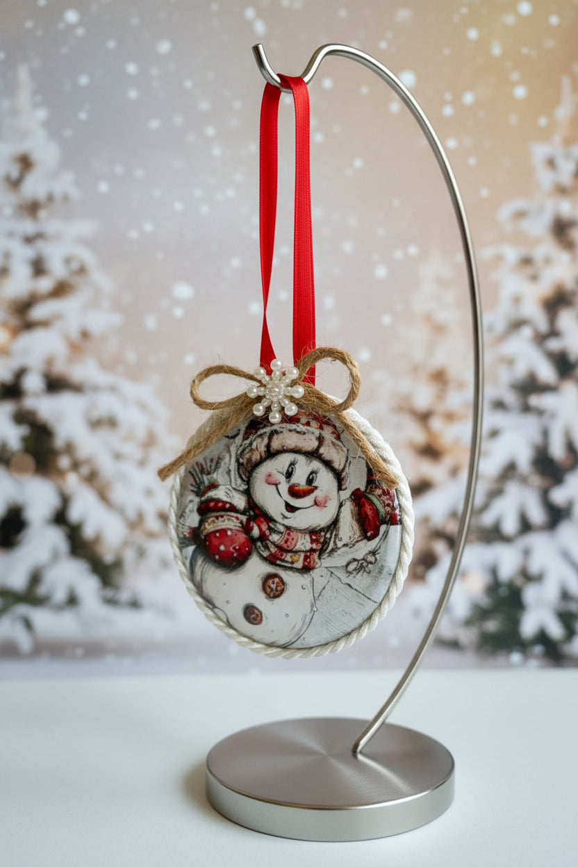 Decorative Christmas ornament with a snowman design on a plain background